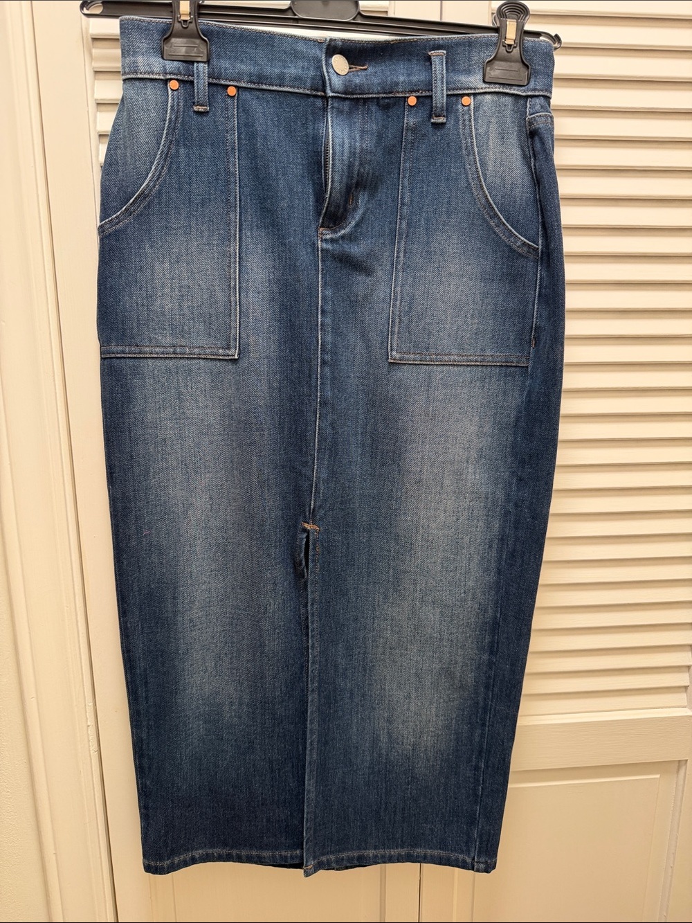 Level 99 Washed Blue Denim Midi Skirt with Front Patch Pockets